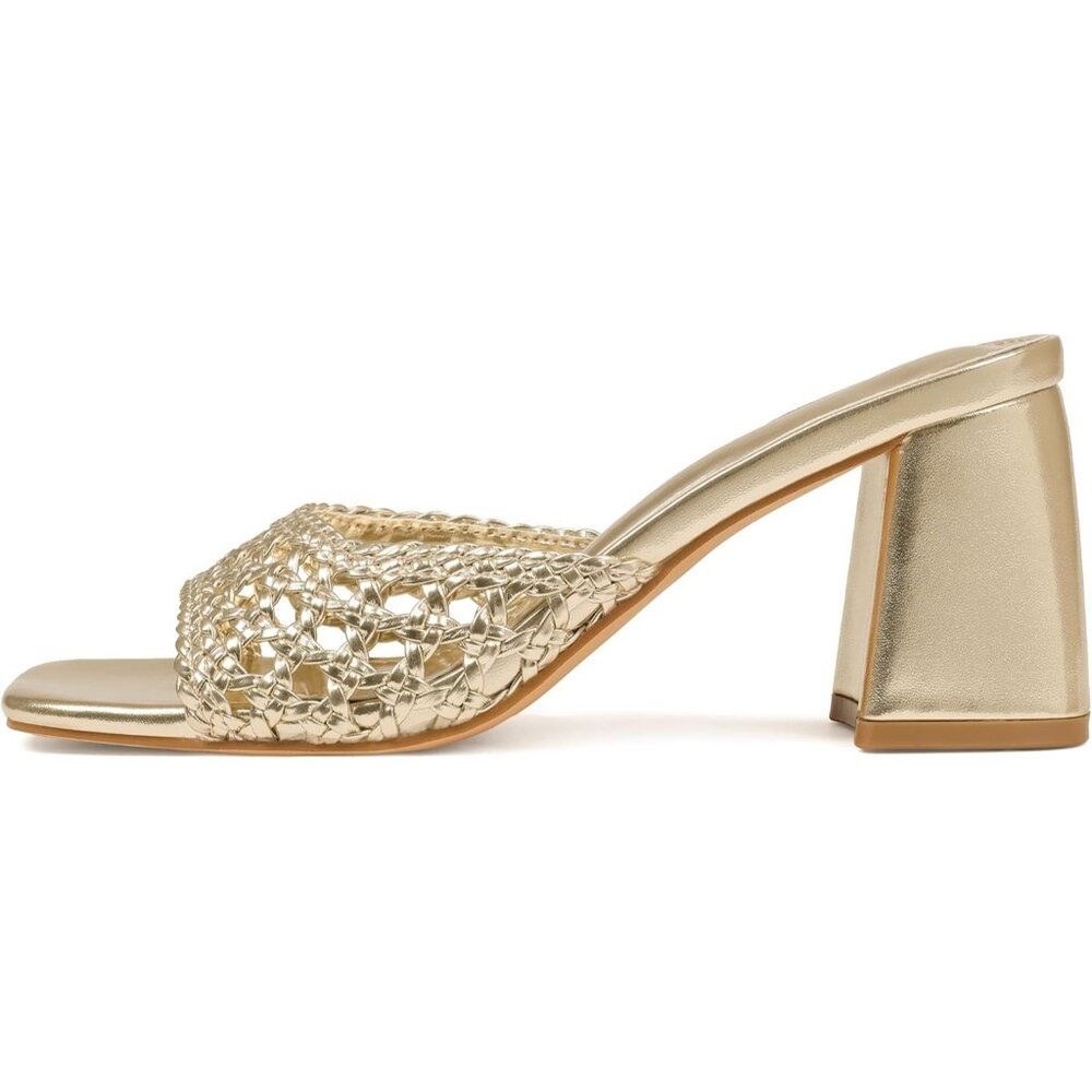 Women's Gold Mesh Slide Sandals Square Open Toe Mules Chunky Heels Slip Shoes